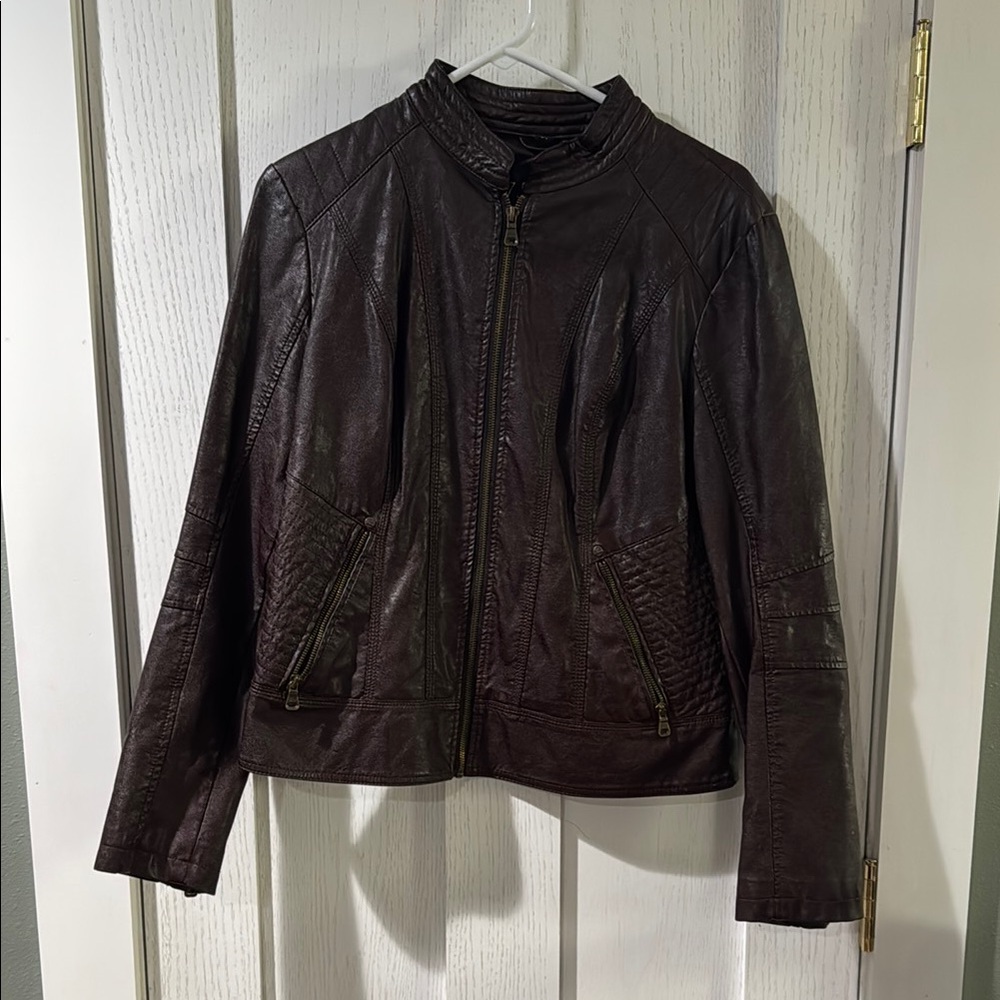 Guess Brown Leather Moto Jacket with Stand-Up Collar